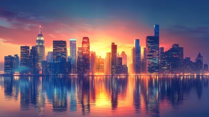 Fototapeta premium A city skyline is reflected in the water, with the sun setting in the background