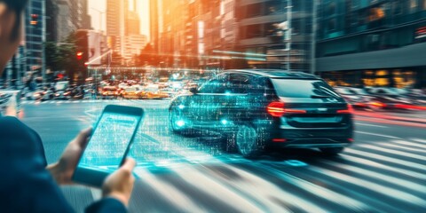 A driverless car arriving at a pickup location, with a digital interface on a smartphone app signaling the ride-hailing confirmation, set against a bustling urban environment.