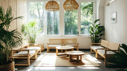 A view of a calming reception area in a modern holistic clinic, featuring natural wooden furniture, tropical plants, and large windows with views of lime trees, creating a welcoming and peaceful 