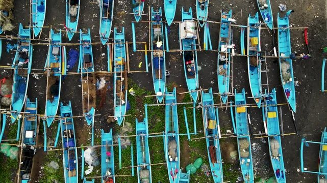 High-Angle Footage: Cluster of Fishing Vessels at Anchor