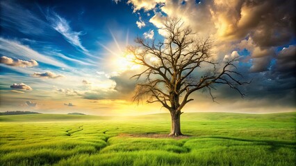 Fototapeta premium A solitary bare tree stands tall against a backdrop of vibrant green grass and a breathtaking sunset, casting long shadows across the meadow, a testament to the enduring beauty of nature's contrast.