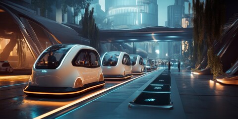 Fototapeta premium A futuristic car-sharing hub with autonomous vehicles lined up, ready for passengers to step in, demonstrating the ease and efficiency of self-driving car sharing in a smart city.