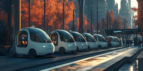 A futuristic car-sharing hub with autonomous vehicles lined up, ready for passengers to step in, demonstrating the ease and efficiency of self-driving car sharing in a smart city.