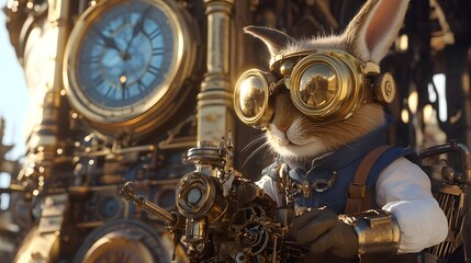 A steampunk bunny wearing brass goggles working on a mechanical device in a clocktower