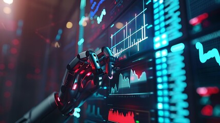A robotic hand interacting with a digital display of financial data and graphs.
