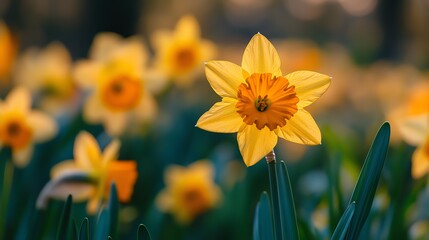 A vibrant daffodil stands out among a field of yellow flowers, embodying the beauty of spring and the renewal of nature. © wacharagorn