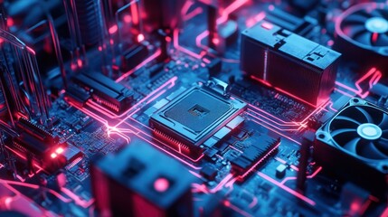 Closeup of a Computer Motherboard with Neon Lights