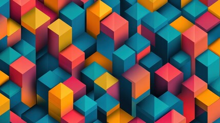 A vibrant 3D geometric pattern with colorful blocks in various heights and shades.