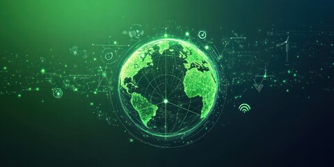 Green technology and sustainable solutions for net zero carbon transformation, with a globe and energy icons