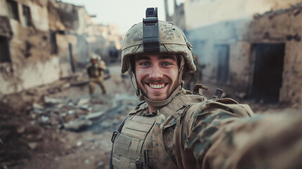 Obraz premium Brave Soldier Smiling for a Selfie in the War Zone