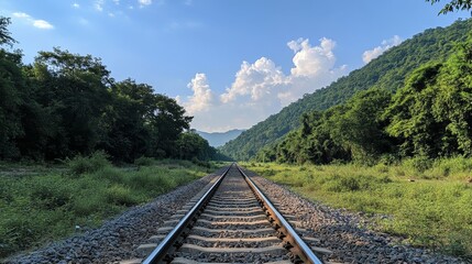Fototapeta premium The railway tracks are surrounded by vibrant green trees on both sides, and in the bright sunlight, several white clouds are scattered in the blue sky, creating a fresh and peaceful natural atmosphere