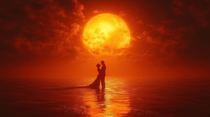 Romantic silhouette against a vibrant sunset over the ocean.