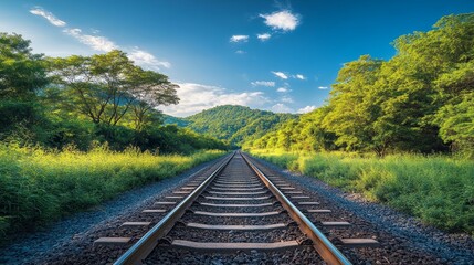 Obraz premium The railway tracks are surrounded by vibrant green trees on both sides, and in the bright sunlight, several white clouds are scattered in the blue sky, creating a fresh and peaceful natural atmosphere