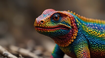 Obraz premium Close-up of a colorful lizard with red, orange, yellow, green, and blue scales.