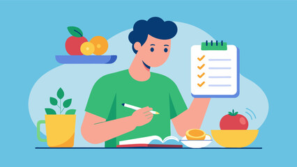 The man starts keeping a food journal making note of his meals and snacks to become more mindful of his eating habits.. Vector illustration