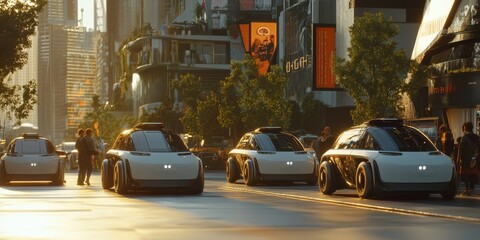 A self-driving car sharing fleet in a modern city, with multiple autonomous cars picking up and dropping off passengers, showcasing a future of convenient, hands-free ride-sharing.