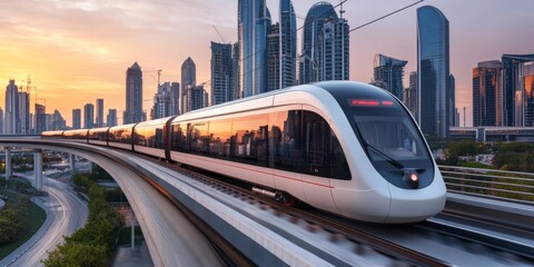 A sleek, futuristic driverless electric train gliding smoothly along elevated tracks, with a modern cityscape in the background, showcasing advanced technology and innovation in urban transportation.
