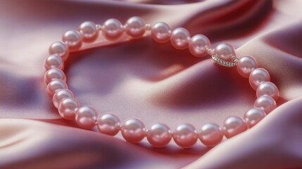 A pink pearl necklace elegantly displayed on a silk fabric, with soft lighting.