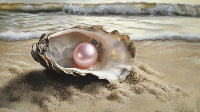 A pink pearl in an open oyster shell placed delicately on a sandy shore.