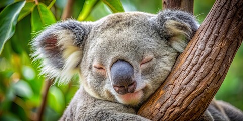 Fototapeta premium A koala, nestled in the comforting embrace of a tree branch, rests its head on the rough bark, its eyes closed in peaceful slumber.
