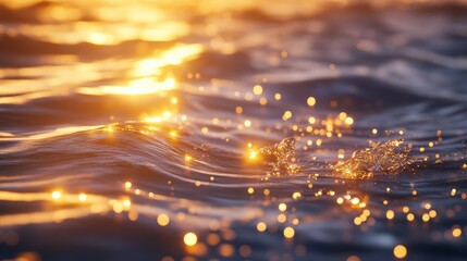 The glowing sunlight reflecting on the calm, rippling water, creating a stunning display of golden sparkles and fluid movement, with soft waves catching the light in a tranquil, scenic moment.