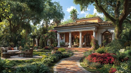 Fototapeta premium Elegant garden villa surrounded by lush greenery and vibrant flowers.