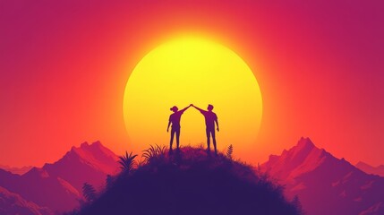 Two people celebrating their relationship success, holding hands and standing atop a hill with a glowing sunset behind them, representing trust, communication, and love as keys to success.