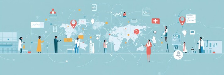 Medical professionals connecting through a digital network, with icons of healthcare technologies and a world map in the background