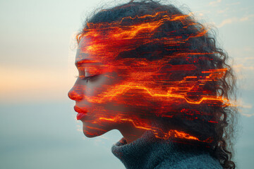 A contemplative male silhouette layered with vibrant digital data streams, ideal for tech innovation, business presentations, or marketing materials.