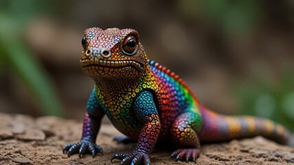 A brightly colored lizard with a rainbow pattern on its skin, sitting on a rock in a forest.