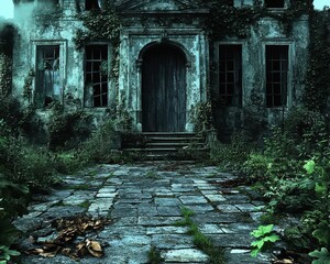 Mysterious Abandoned Haunted House with Overgrown Ivy and Creepy Stone Pathway in Eerie Moonlight, Perfect for Spooky Halloween Themes and Ghost Stories