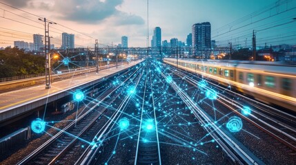 Naklejka premium Modern electric systems on train tracks, illustrating the technology behind smart transportation and railway networks