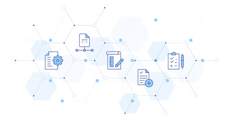 Project Banner Vector Illustration with Icon Style in Between. Line Duotone icon. Containing blueprint, coordination, file, clipboard, document, new project