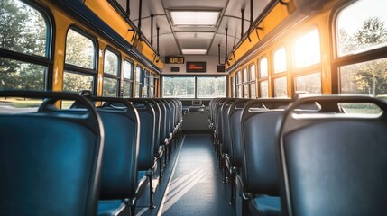 Obraz premium A sleek, minimal school bus interior with organized rows of modern seats and smooth design, creating a comfortable environment.