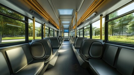 Obraz premium A sleek school bus interior featuring clean design, straight lines, and organized seating, creating a modern, spacious feel.