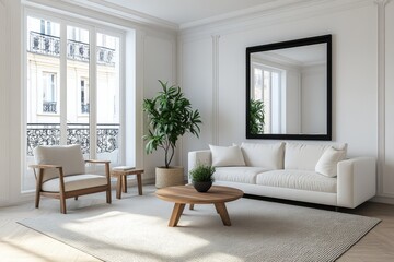 Fototapeta premium A bright and airy living room with a large window, a white sofa, a wooden coffee table, and a large mirror.