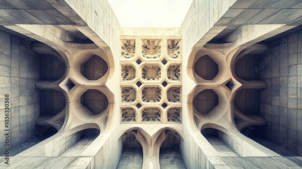 Poster abstract architectural structure showcasing intricate patterns and geometric designs.