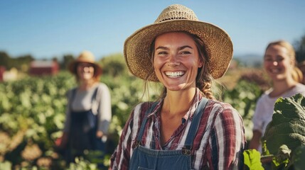 Smiling farm employees working under a sunny sky