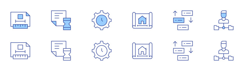 Project icon set in two styles, Duotone and Thin Line style. Editable stroke. plan, prioritize, project management, technical drawing, time, time management