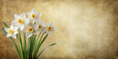 A bouquet of white daffodils with yellow centers against a backdrop of aged parchment paper, the flowers' delicate petals a contrast to the paper's worn texture.