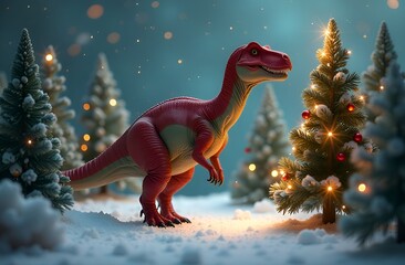 Red dinosaur next to a garlanded Christmas tree. Cute dinosaur on the background of a winter New Year landscape
