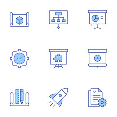 Project icons set. Line Duotone style, editable stroke. presentation, project, projector screen, rocket, solution, workflow, blueprint, compliance, file