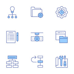 Project icons set. Line Duotone style, editable stroke. idea, documentation, project, projector, priority, settings, briefing, delegate