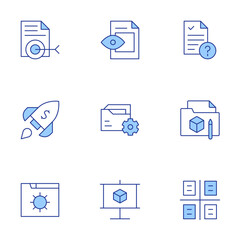 Project icons set. Line Duotone style, editable stroke. project, project status, presentation, project management, settings, startup, target