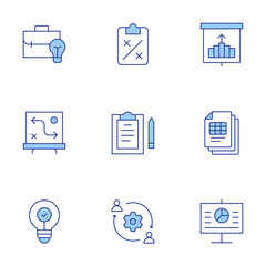 Project icons set. Line Duotone style, editable stroke. strategy, outsourcing, idea, business idea, presentation, project, projection, research