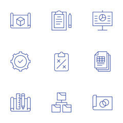 Project icons set. Thin Line style, editable stroke. blueprint, compliance, file, presentation, project, research, strategy, use case
