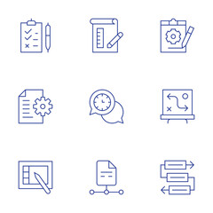 Project icons set. Thin Line style, editable stroke. blueprint, coordination, file, clipboard, document, graphic tablet, research, strategy, workflow