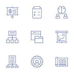 Project icons set. Thin Line style, editable stroke. brain, data analysis, file, clipboard, documentation, human resources, presentation, project