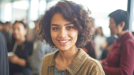 Hispanic woman with tanned skin, beautiful white teeth smile, excited at business event or meeting, multicultural in Europe, having fun meeting new people