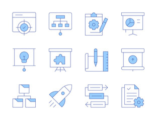Project icons. Line Duotone style, editable stroke. idea, use case, target, presentation, project, projector screen, rocket, solution, workflow, research, sketch